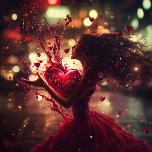 woman heart out red pink sparkles liquids hearts mystical themed urban city Los Angeles Santa Monica