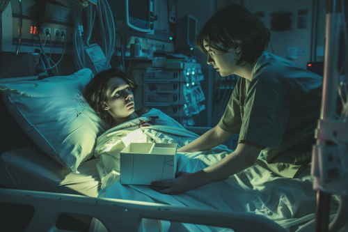 woman sick in bed, dead friend offers death box