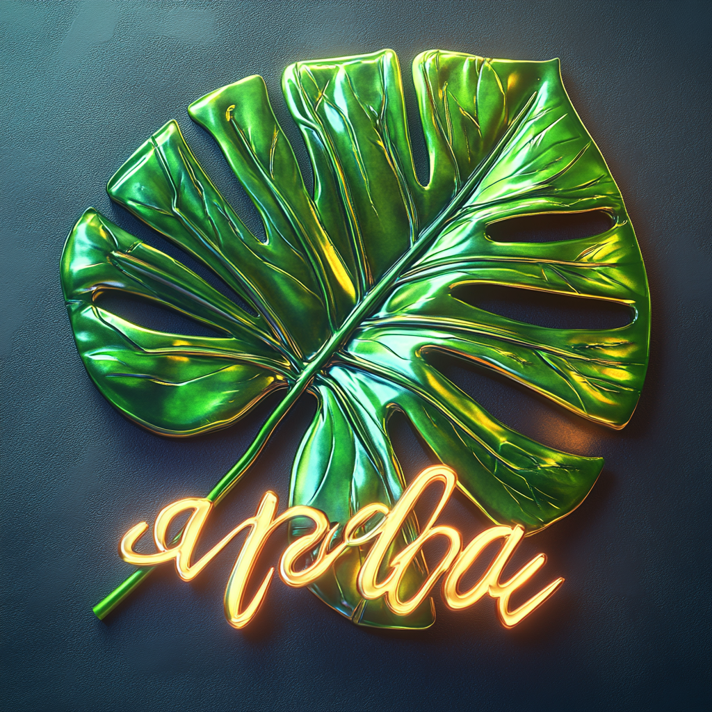 ' Aroid Society' logo with realistic tropical leaf, metallic font.