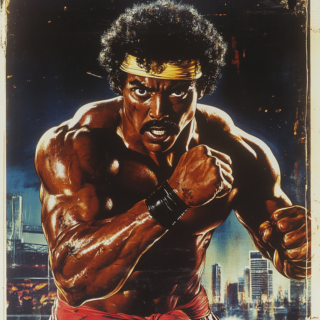 '80s action movie poster, muscular Ethiopian, high body count.