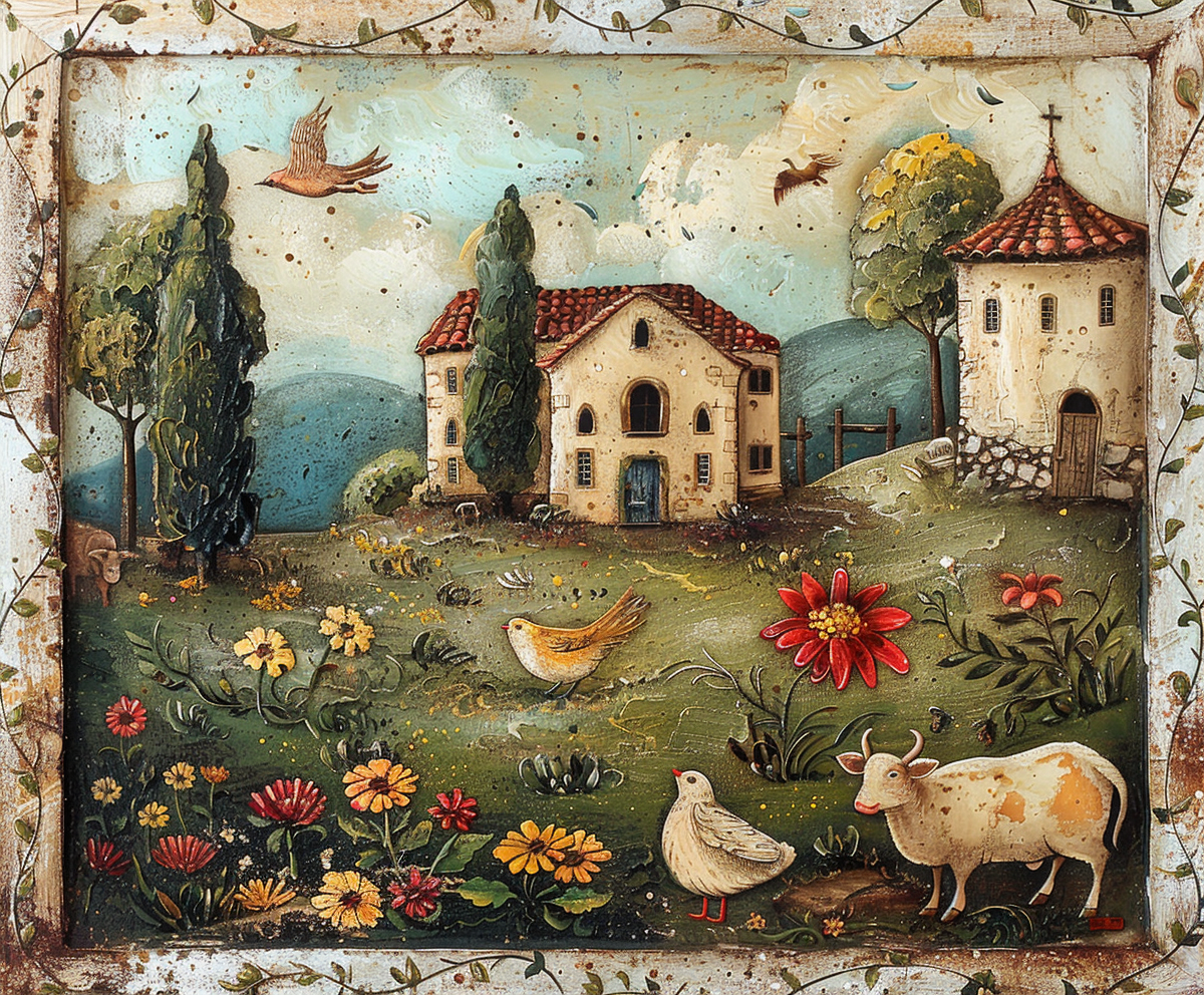   Animals on the farm in a painting