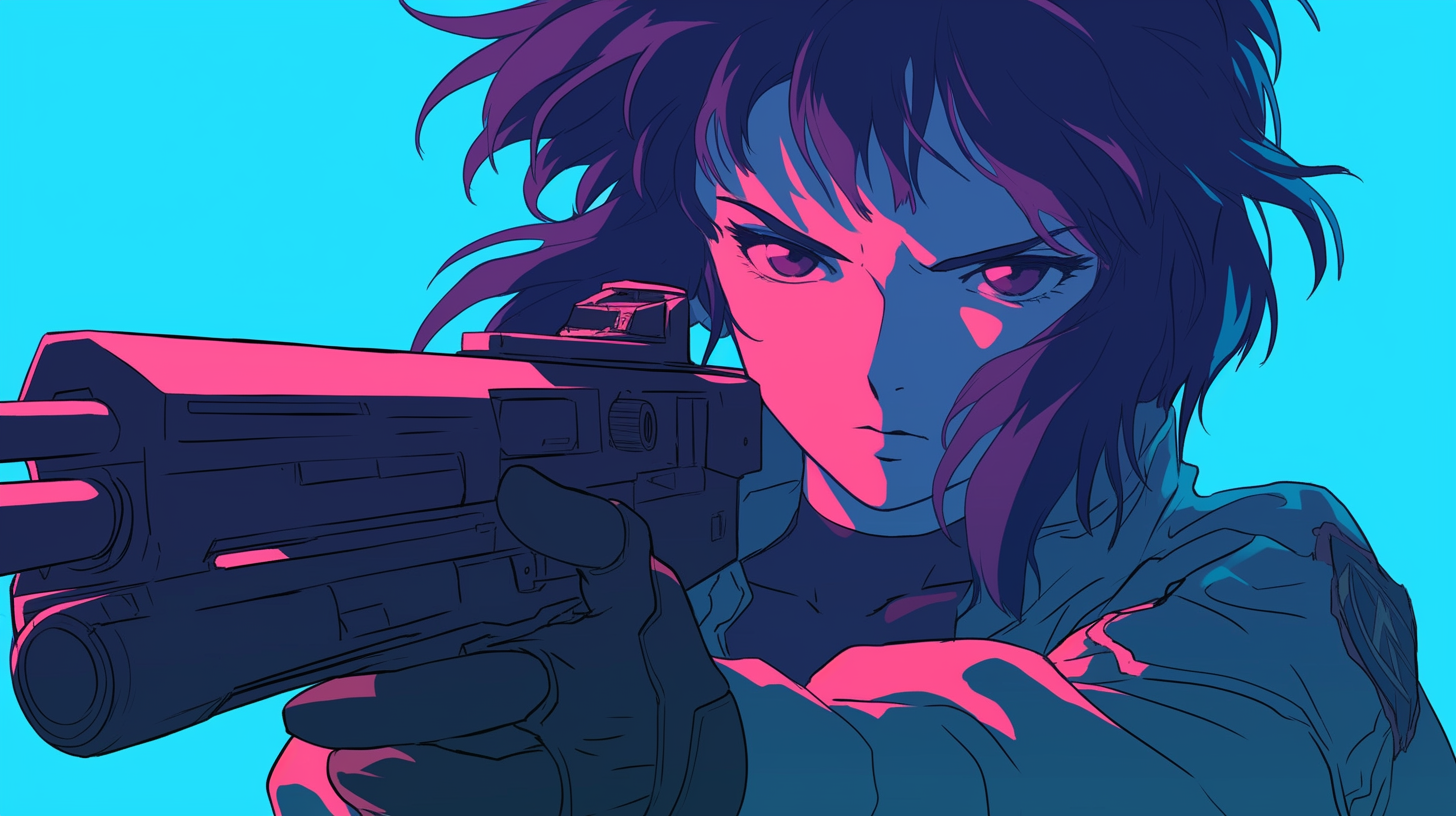  Anime-style illustration of Makoto Kusanagi in 90s cyberpunk.