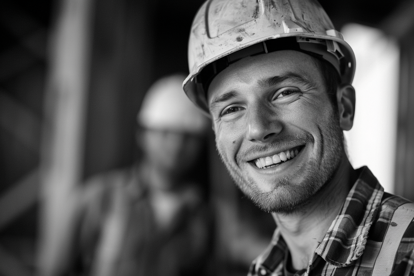  Black and white photo of smiling man at construction site.