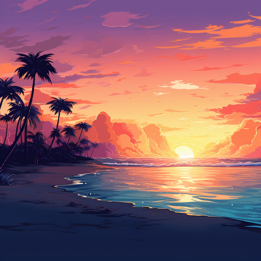 4. A sunset beach scene with palm trees