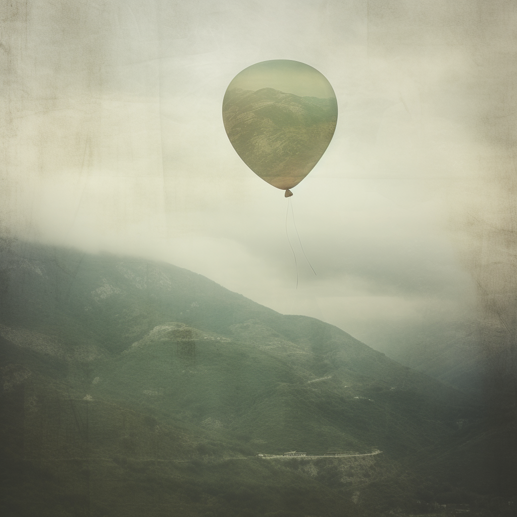 4. Green balloon floats in mountain landscape