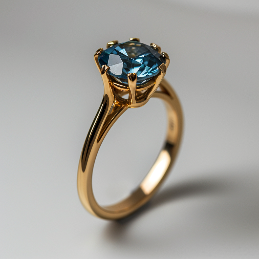 4. The ALT Text for the image could be  Matte gold engagement ring with blue diamond.