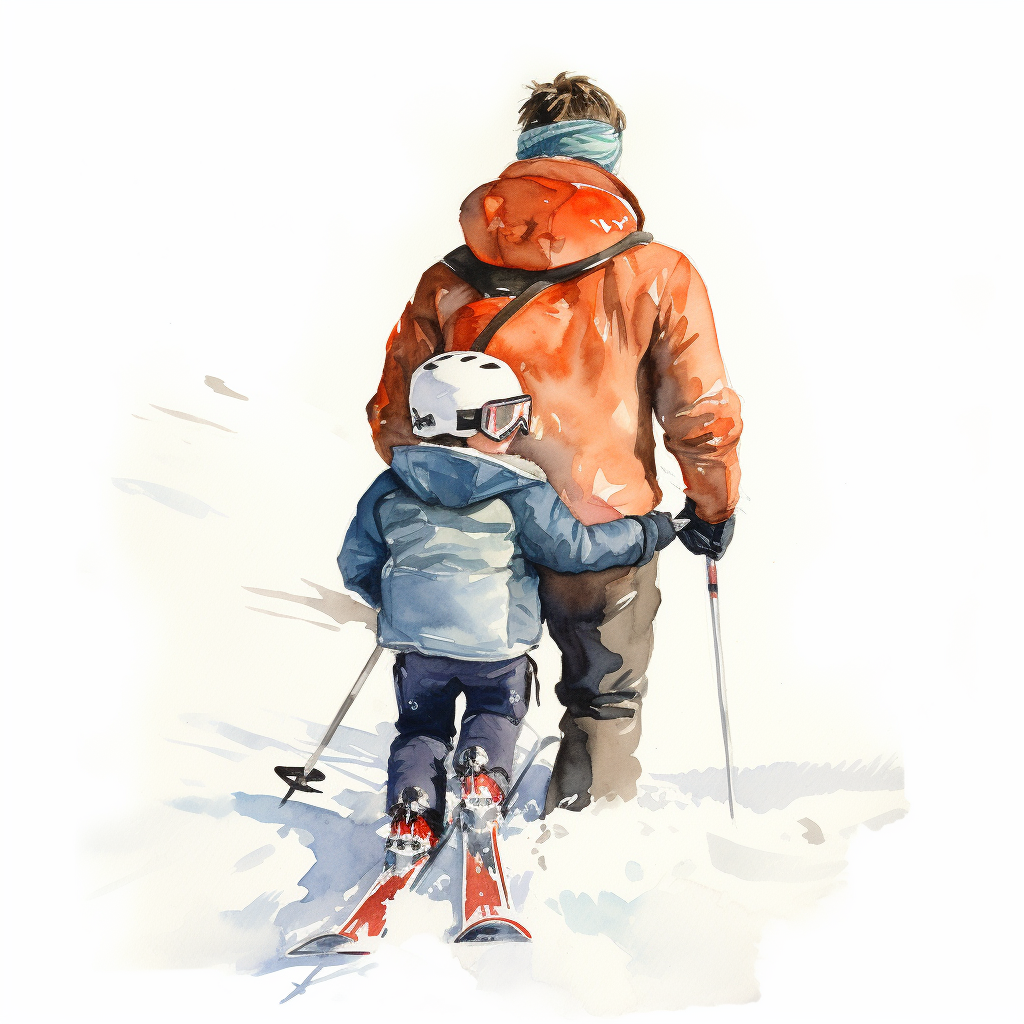 4. The ALT text for the image could be  Watercolor of a skiing man with baby .