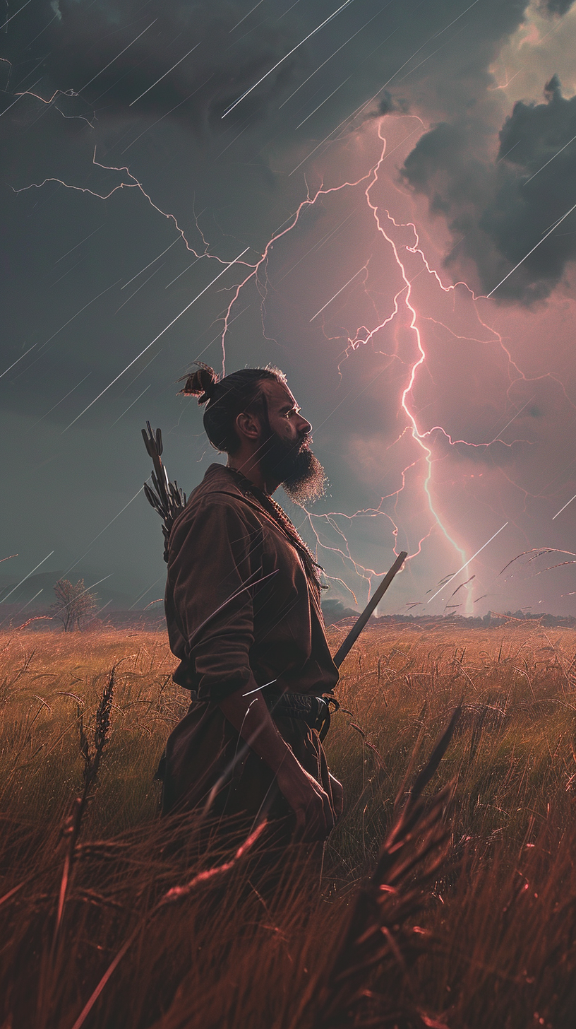 4. The ALT Text for the image could be  Bearded man struck by lightning in fantasy field .