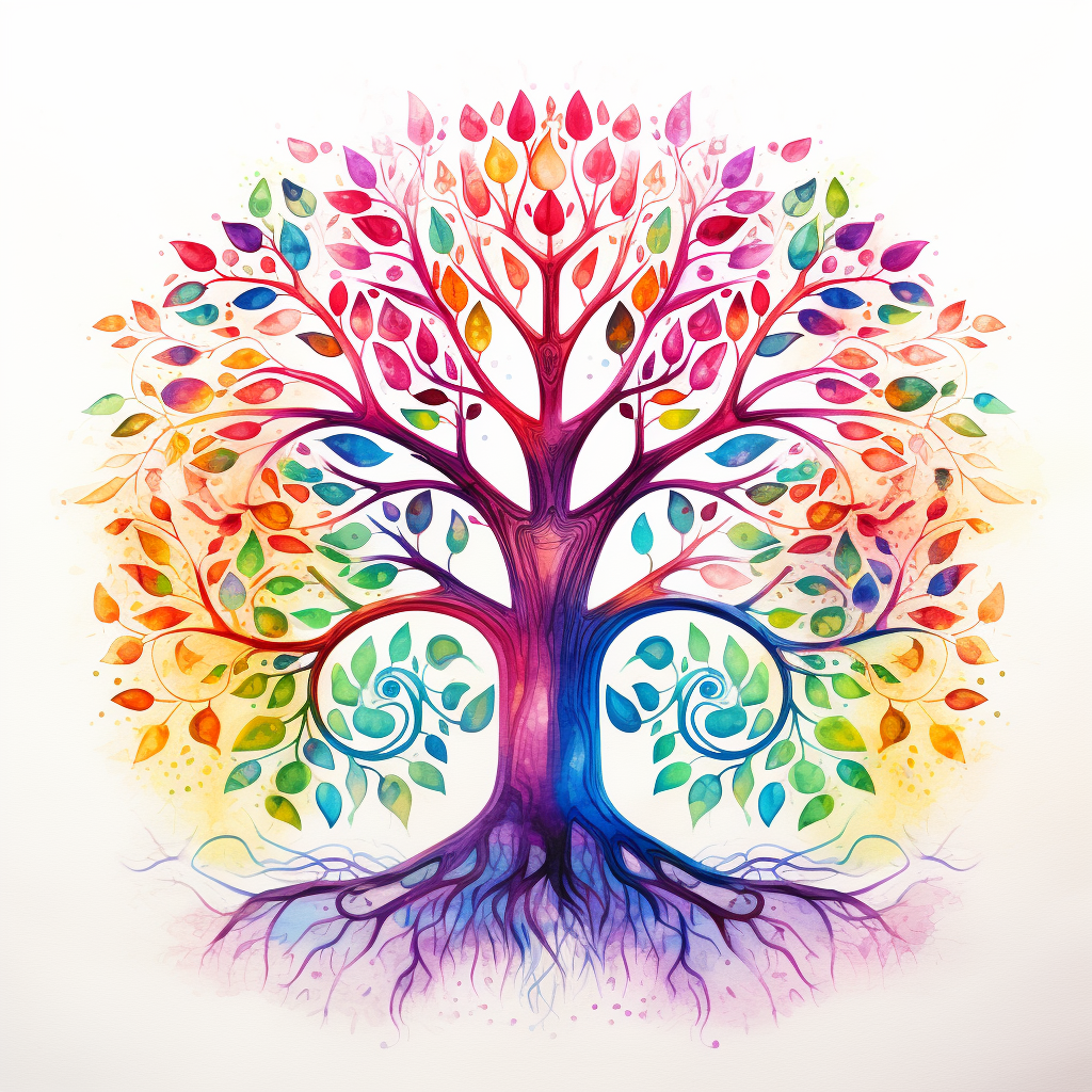 4. Vibrant watercolor depiction of an Aboriginal tree of life in feminine energy.