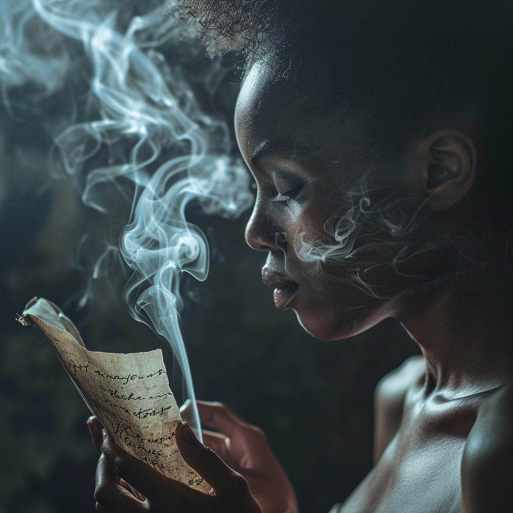 4. Afrocentric woman holding tearful letter with smoke