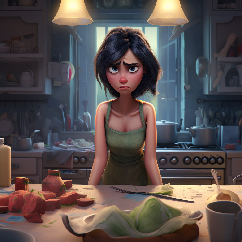 4. Angry woman in kitchen waiting for something to happen.