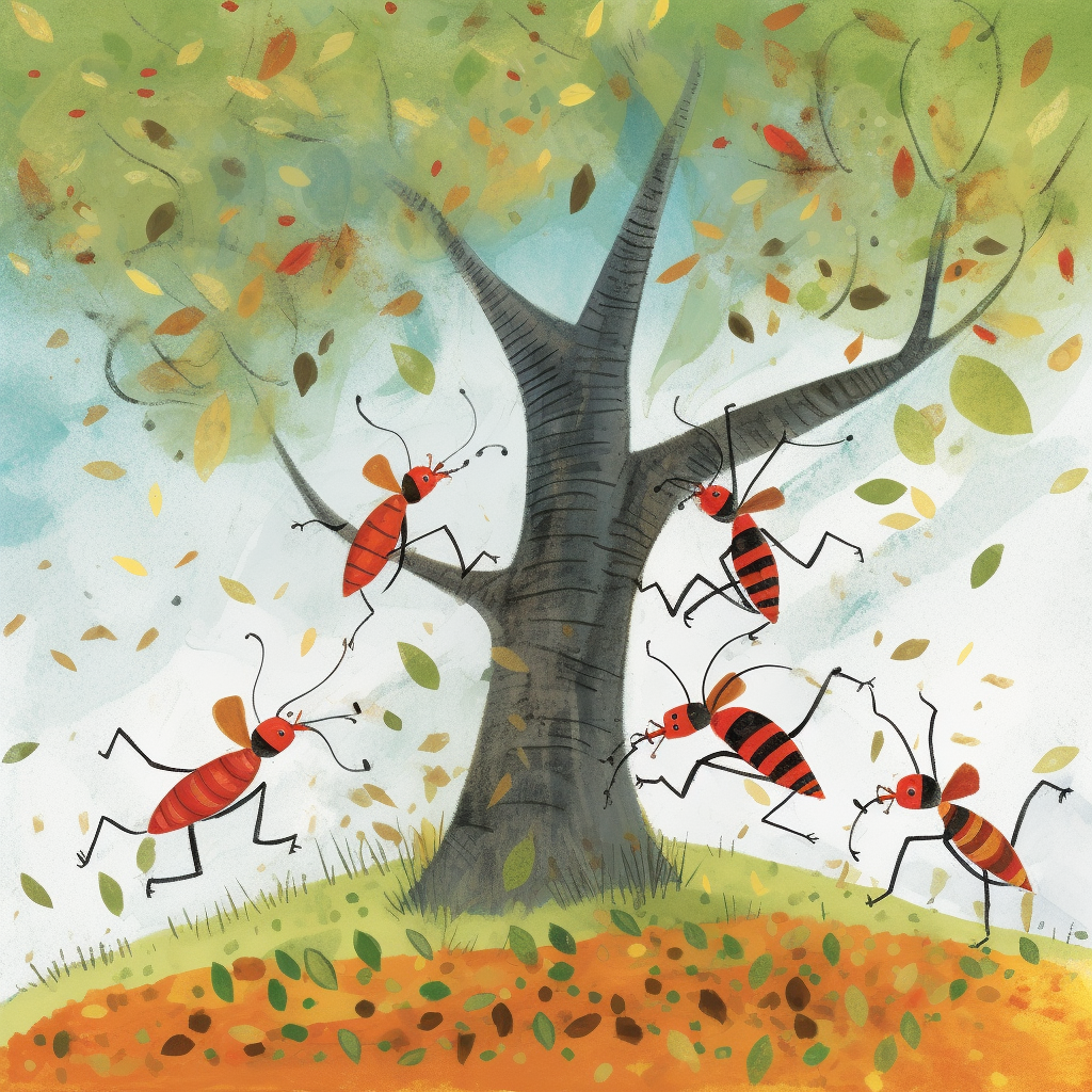 4. Playful ants circling tree branches in child's book