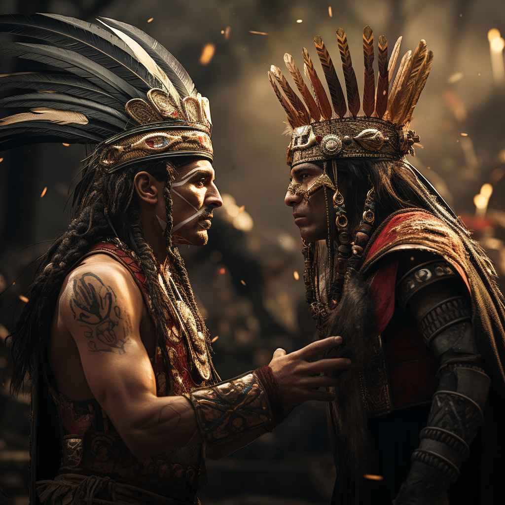 4. Image of Atahuallpa, the Aztec King meeting Pizarro