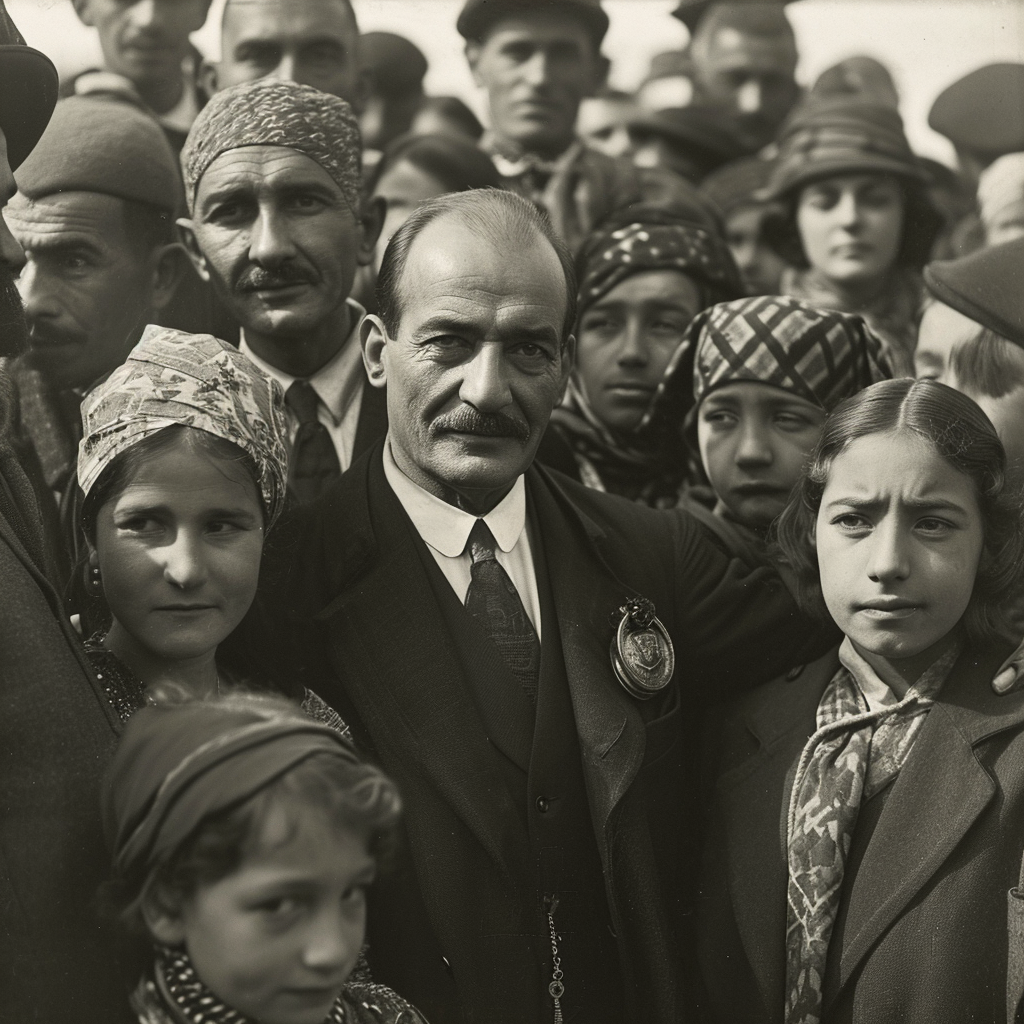 4. Vintage black and white image of Ataturk with Turkish citizens