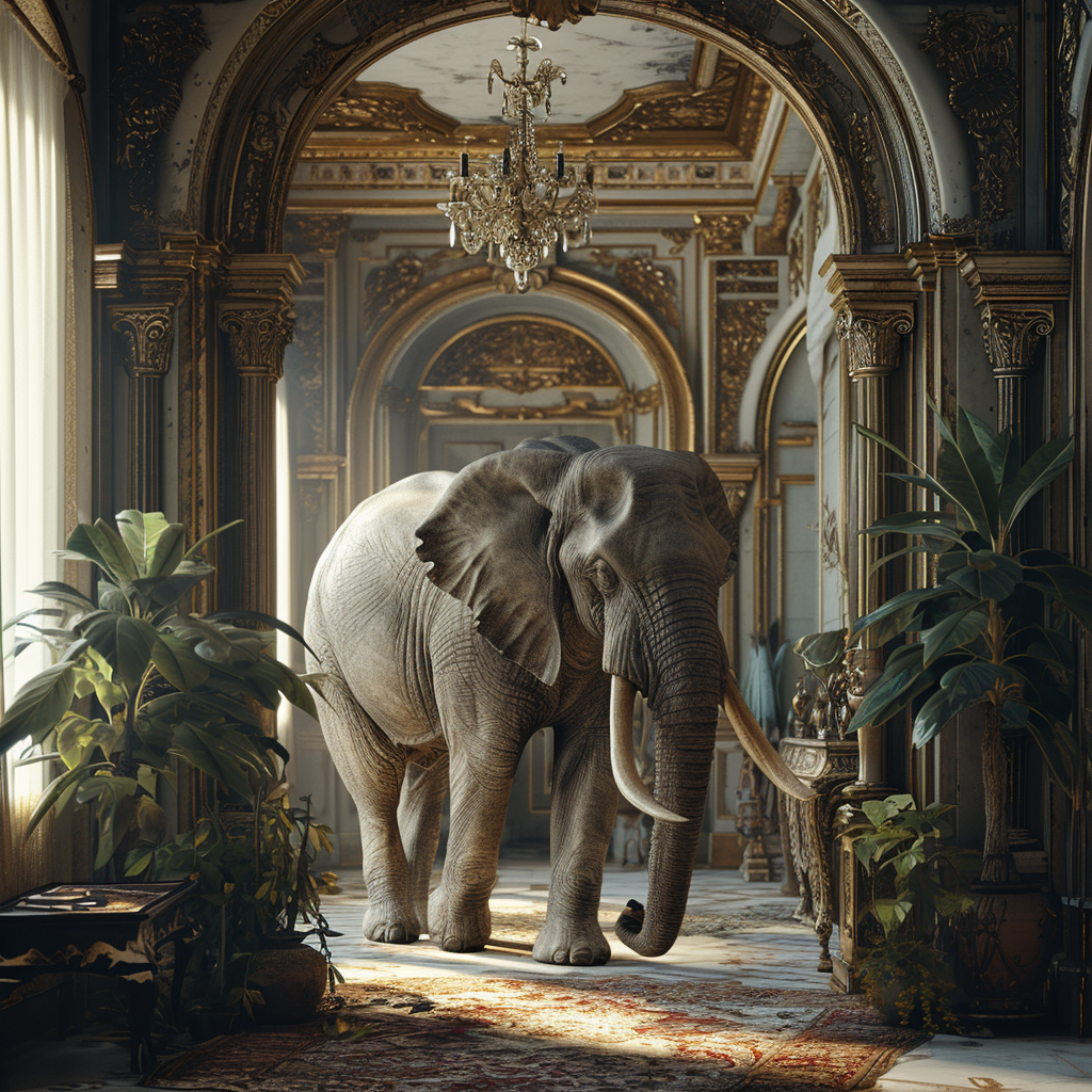 4. Cartoon elephant in ultrarealistic mansion