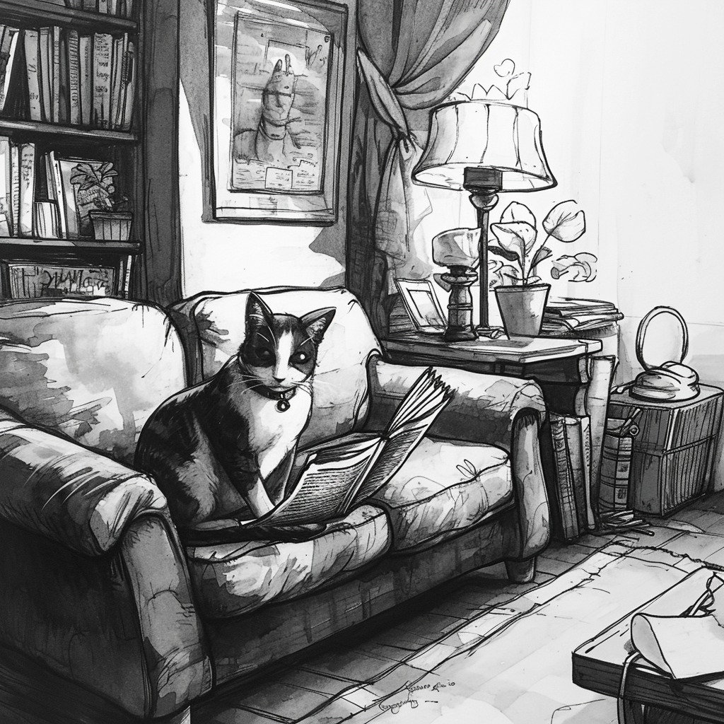 4. Image of a cat reading newspaper in living room