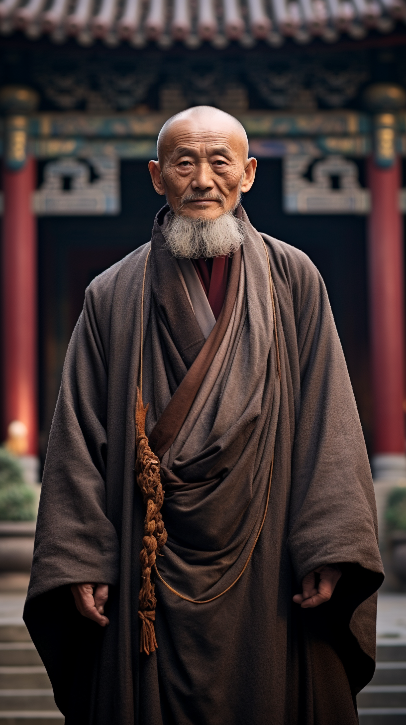 4. Image of Chinese monk and ancient stone temple.