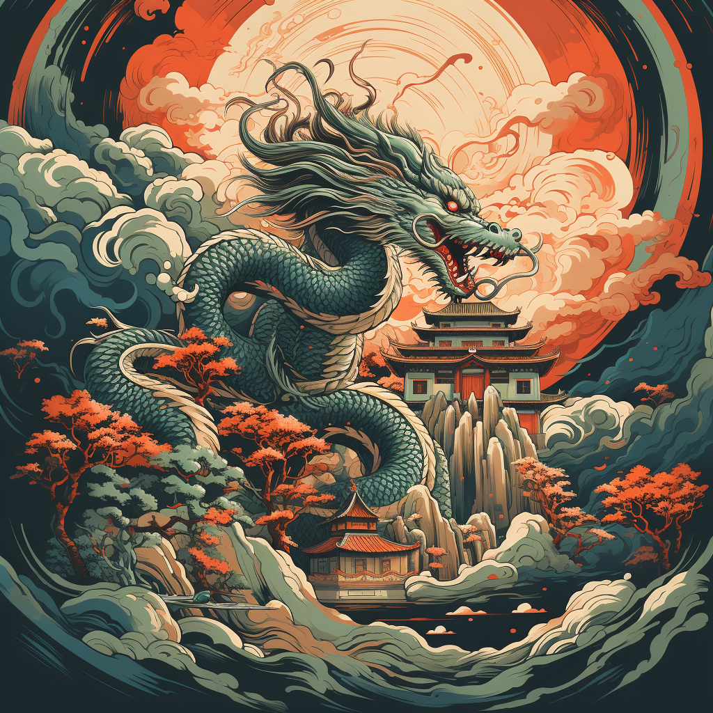 4. Dragon flying above Daoism temple on mountain