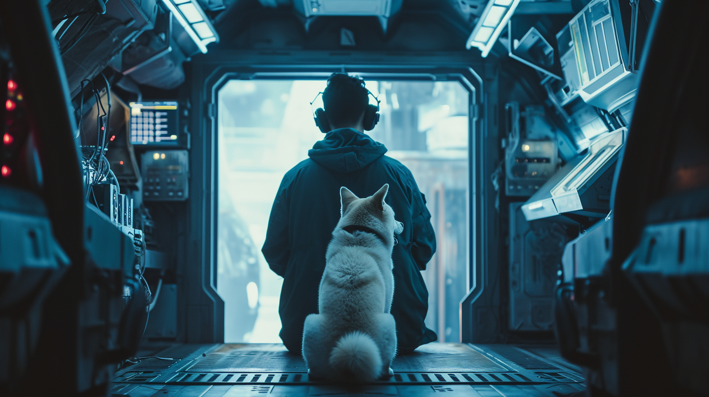 4.  A happy man and his loyal shiba inu exiting a spaceship