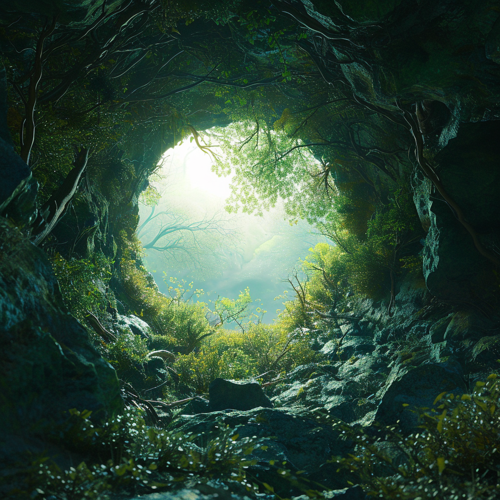 4. A breathtaking cosmic portal reveals a lush green forest