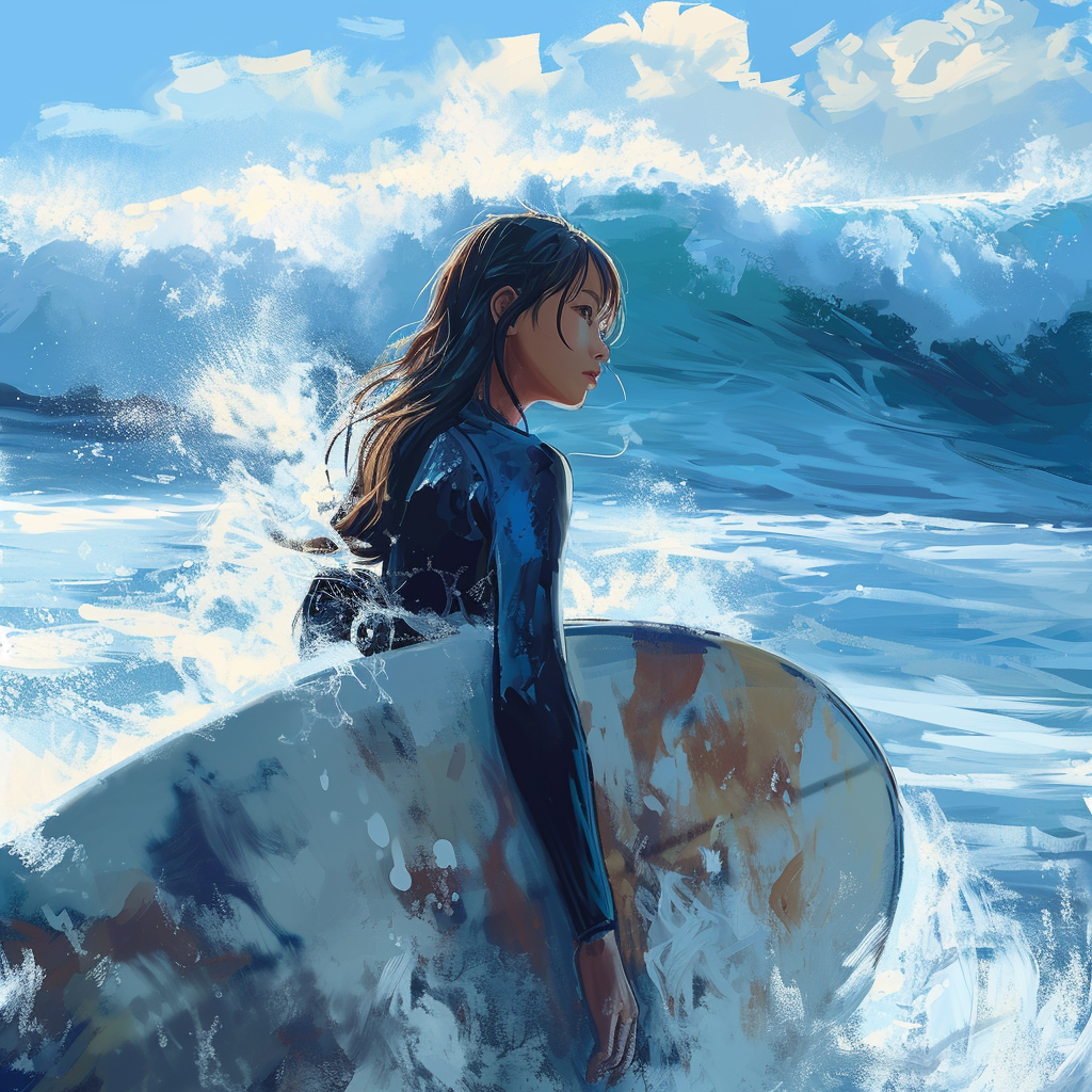 4. Cute Japanese woman surfing with a surfboard in the sea