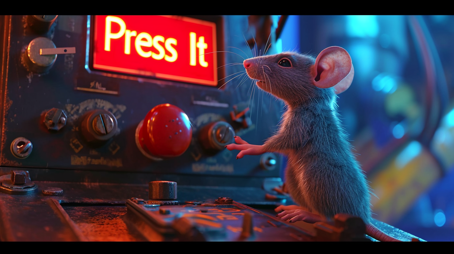 4. Image of cybernetic rat pressing a red button on a console