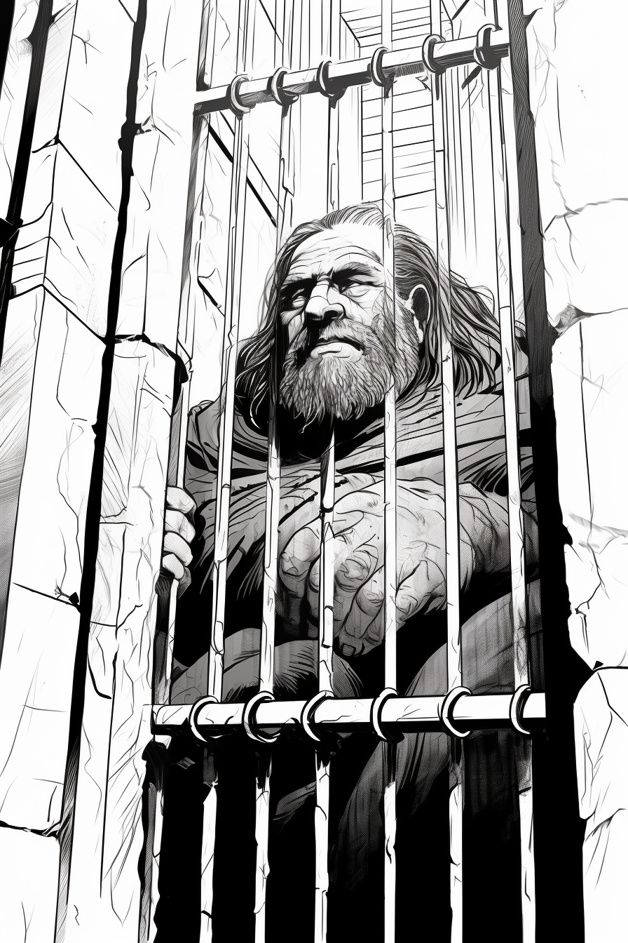 4. Imprisoned dwarf behind metal bars in fantasy setting