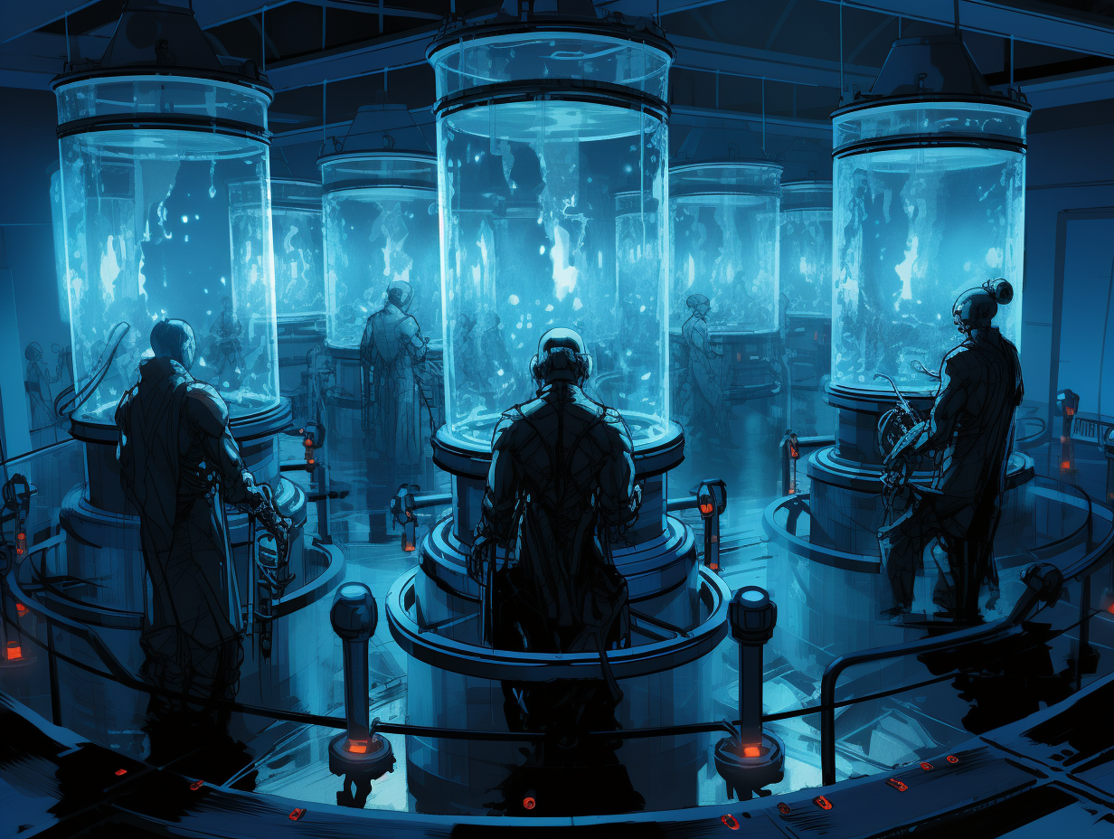 4. Image of eerie laboratory with cybernetic soldiers in fluid-filled containment cylinders.