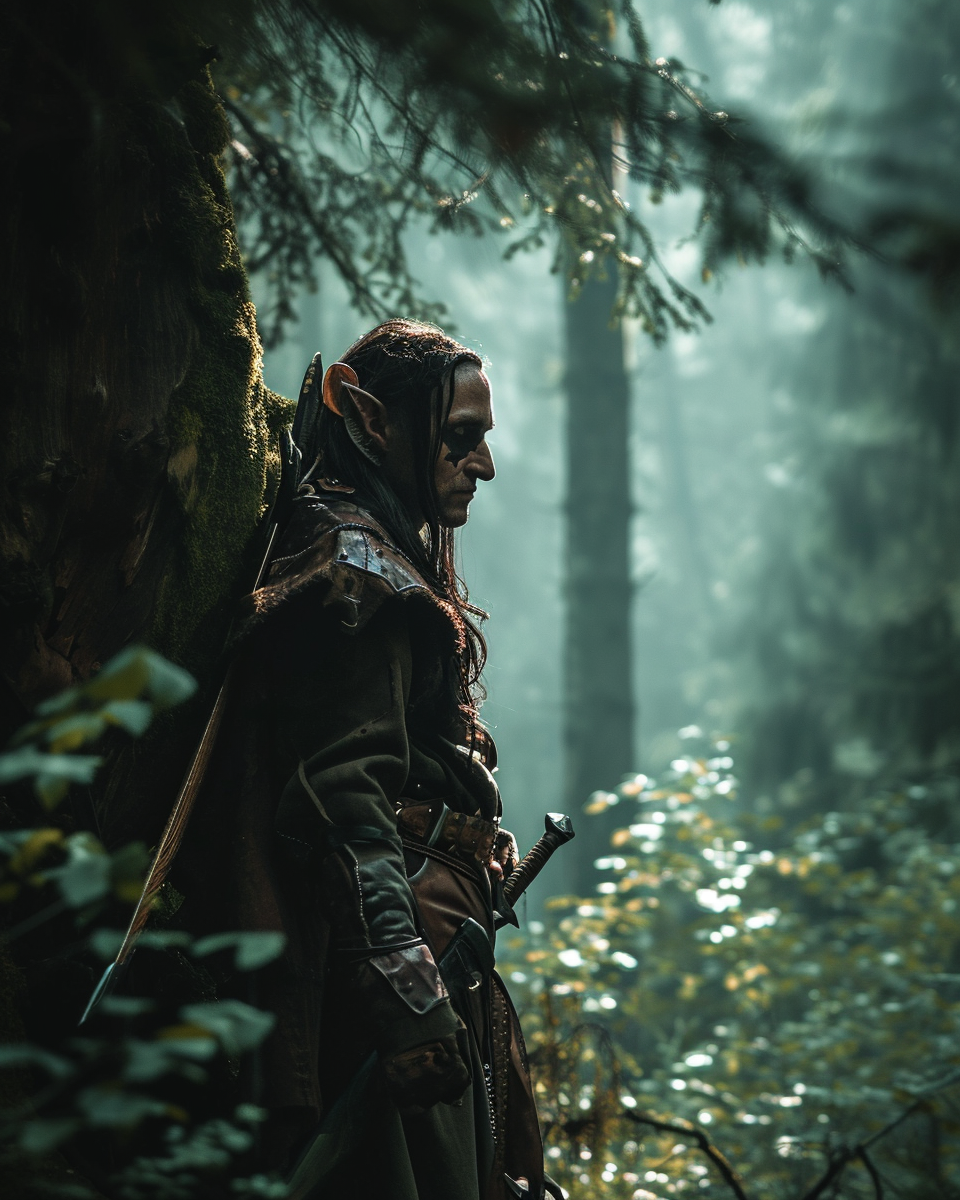 4. Elf male warrior preparing for an intense battle in a dark forest.