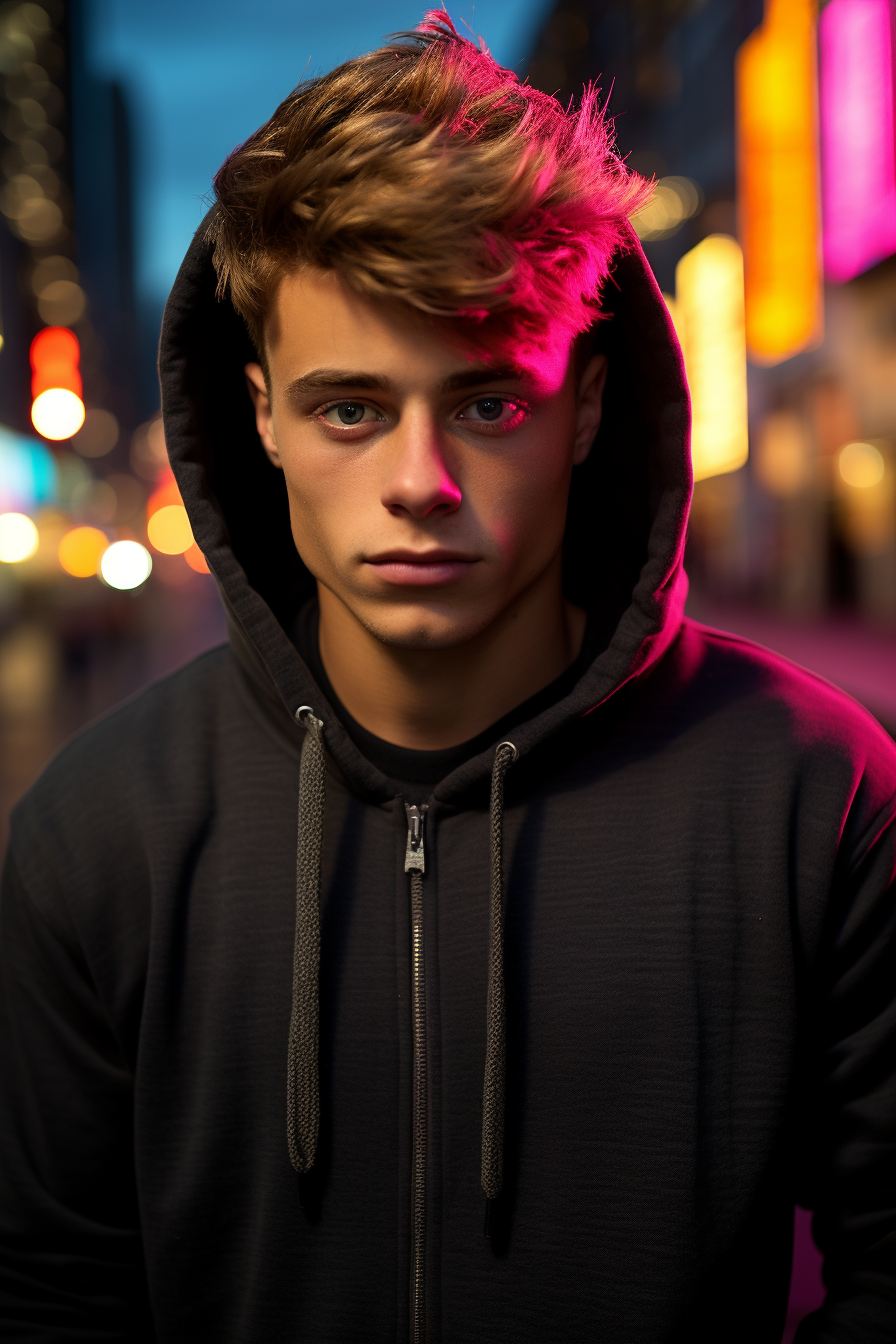 4. Elite teen with soulful gaze in black adidas hoodie.