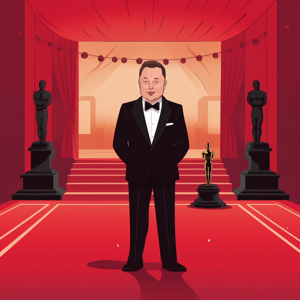 4. Cartoon image of Elon Musk holding an Oscar