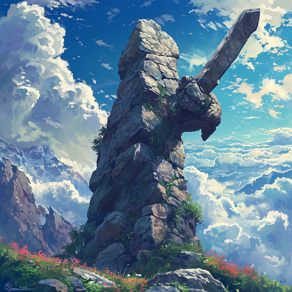 4. Stone guardian with sword protects mountain portal