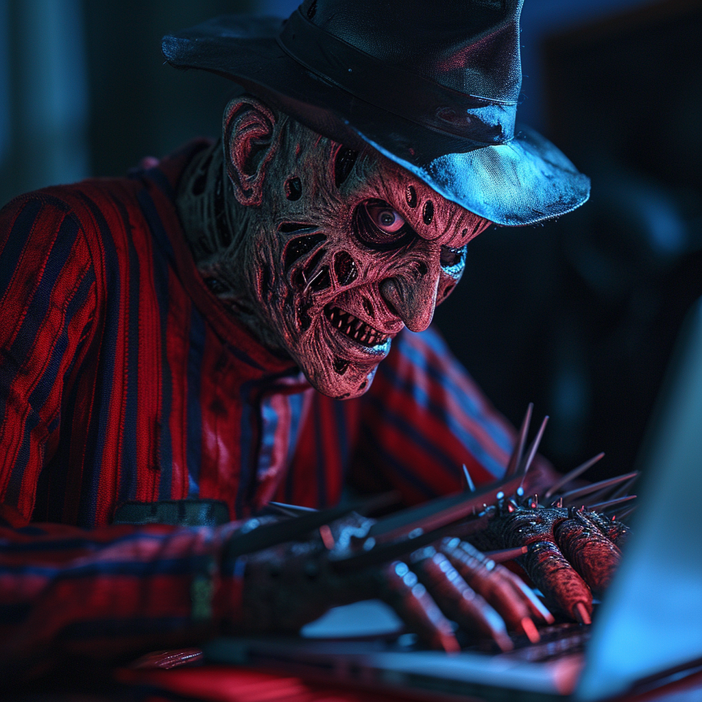 4. Freddy Krueger working on laptop, with knife hands