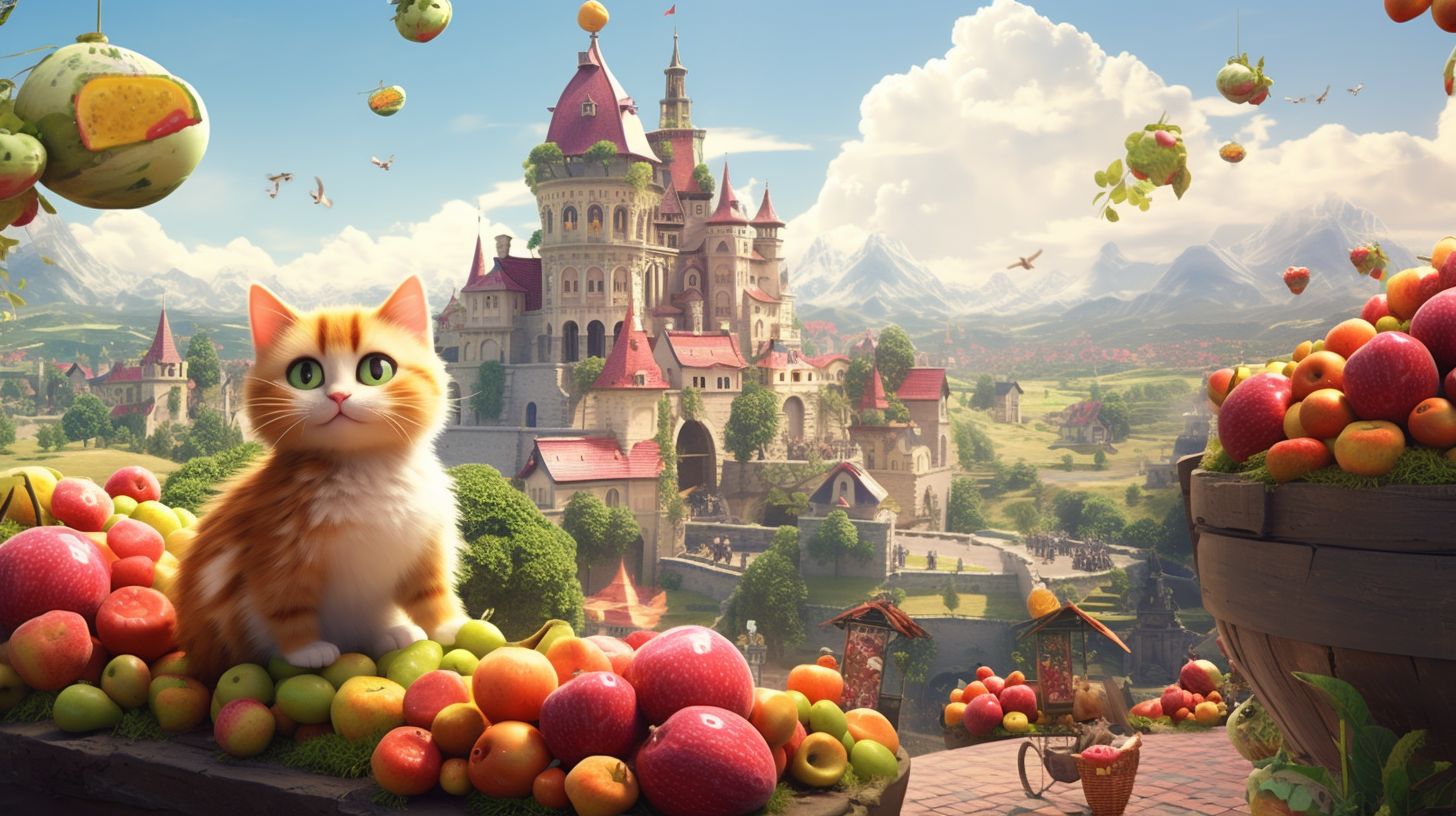 4. Colorful fruits and playful cats in the city