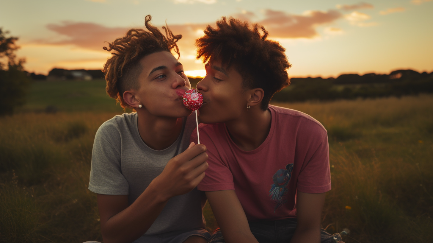 Gay couple enjoying a lolipop at sunset