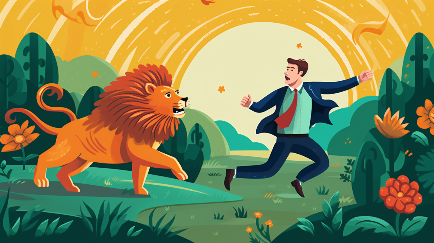 Businessman Chasing Leprechaun with Lion