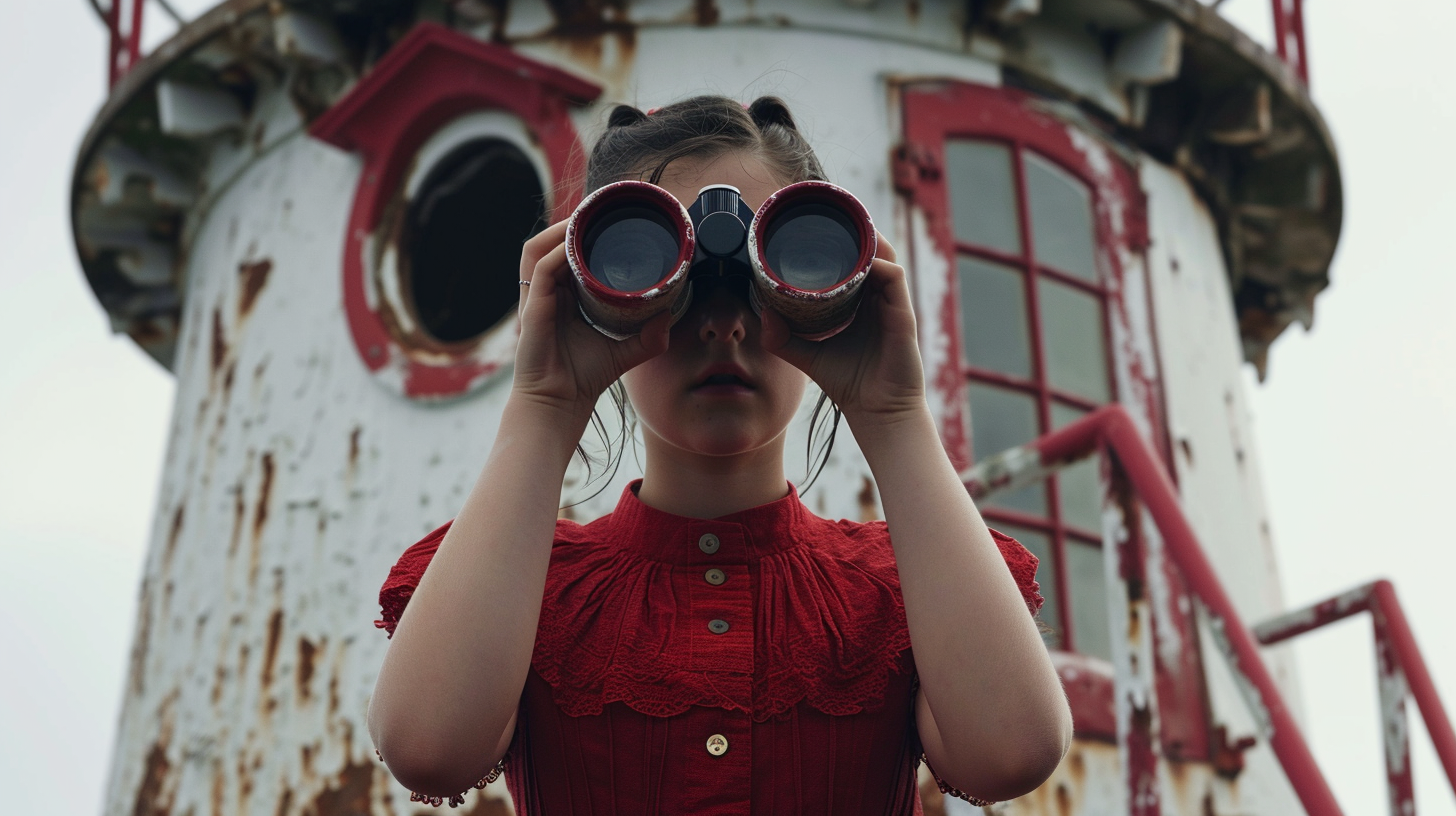 4. Girl looking through binoculars on top of lighthouse