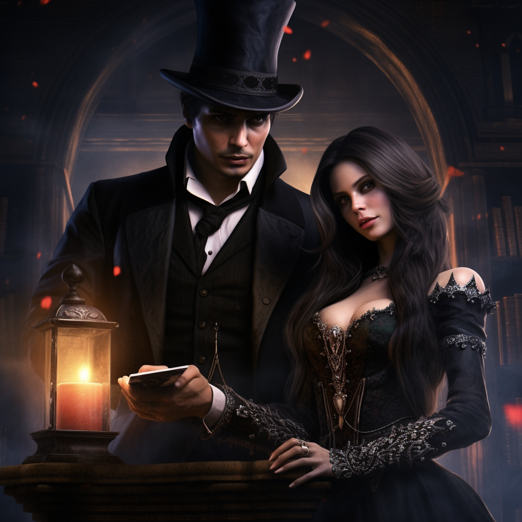 4. Image of a handsome magician and his beautiful assistant in a gothic fantasy setting.