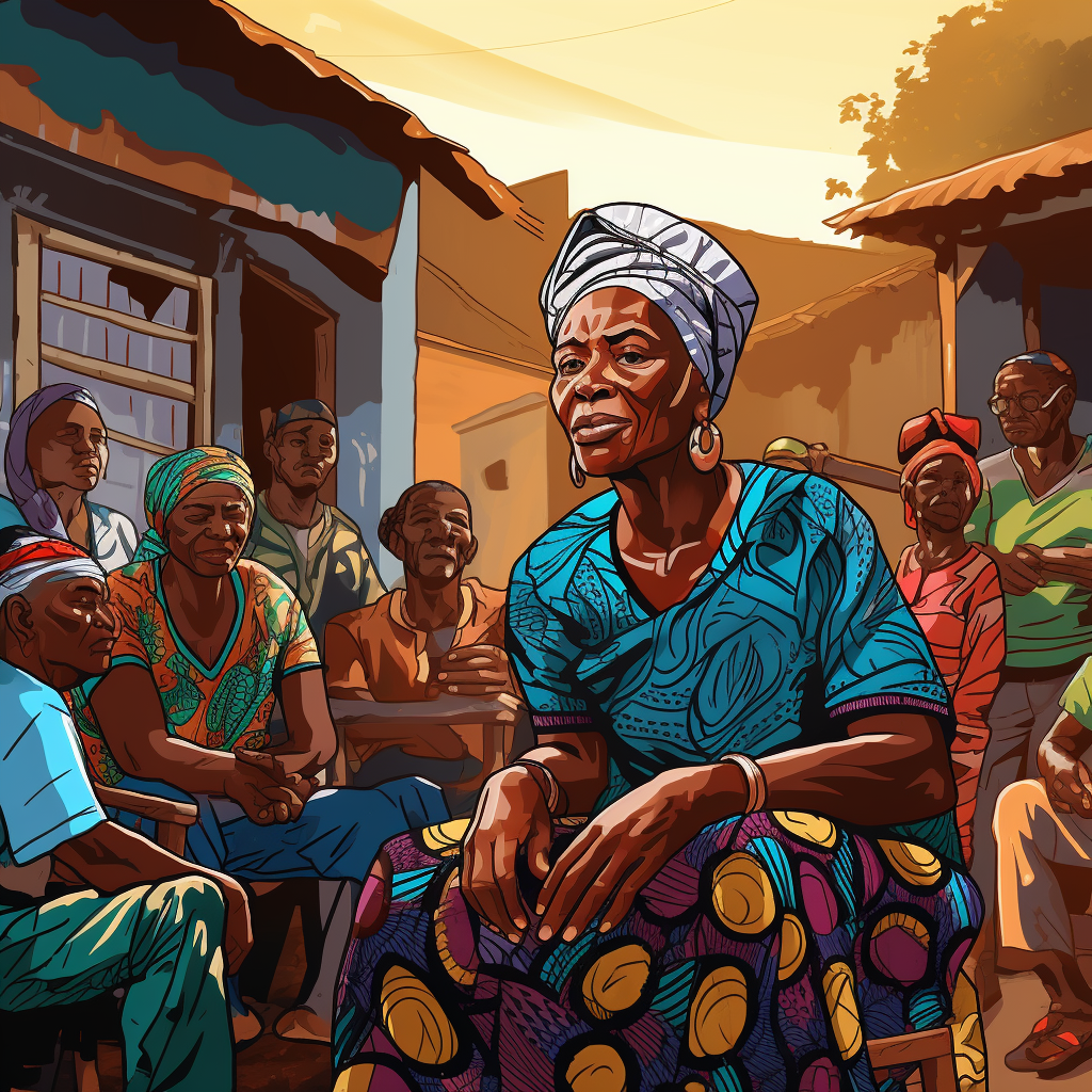 4. Cartoon style image of a Guinean grandmother seated at a party