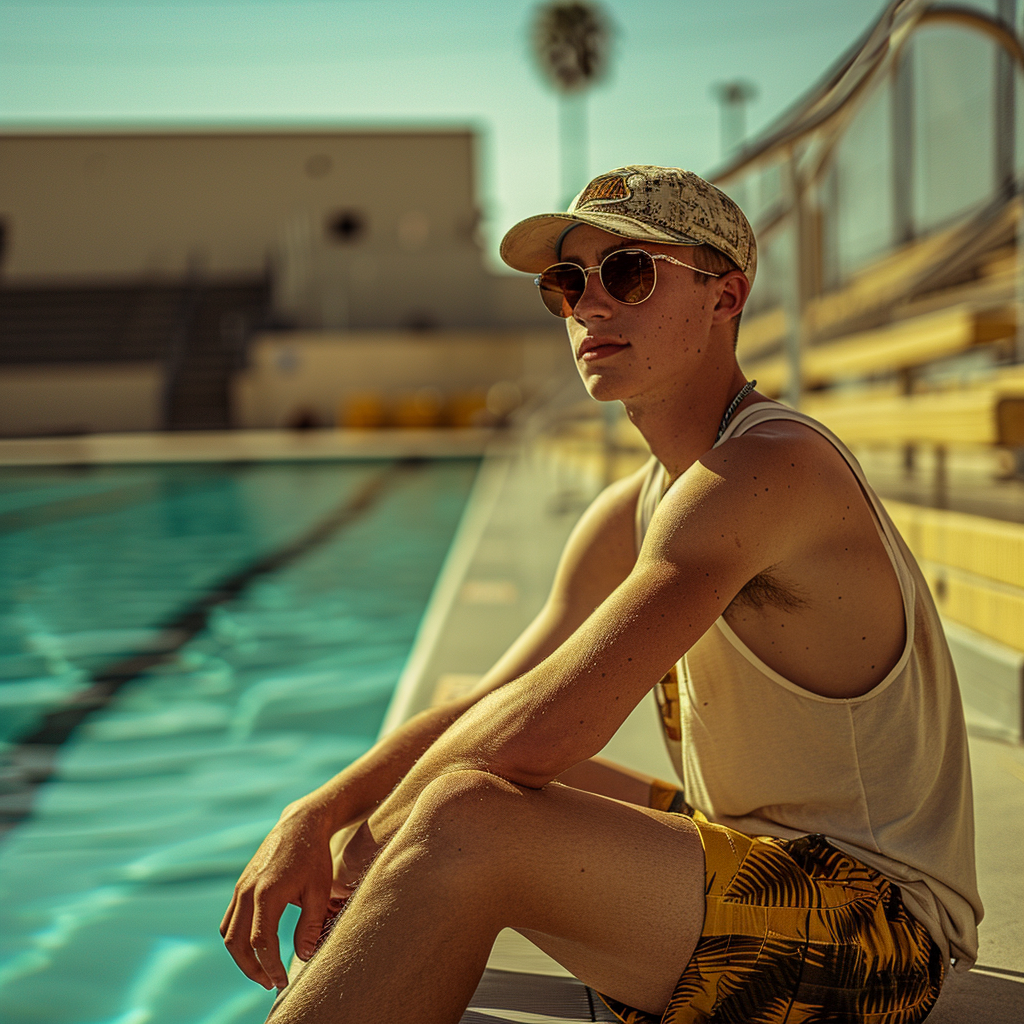 High school baseball player relaxing after swimming workout