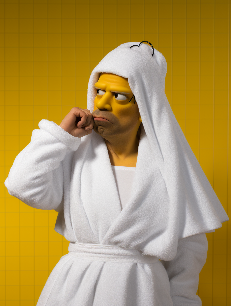 4. Homer Simpson using cellphone with white towel on his head