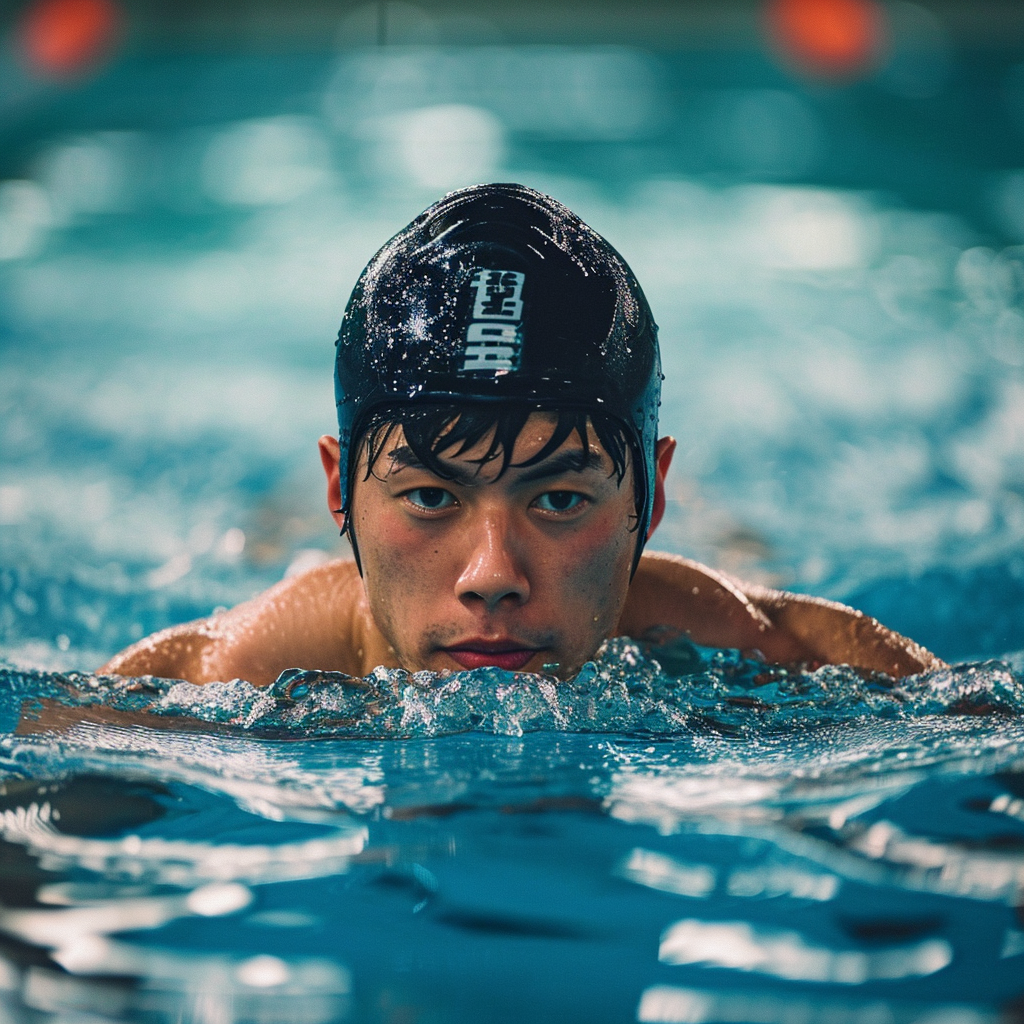 4. Japanese baseball player doing swimming training in pool core strengthening