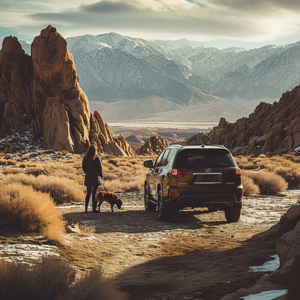 4. Warmly dressed woman and her dog stand next to a parked Lexus GX in Alabama Hills, California.