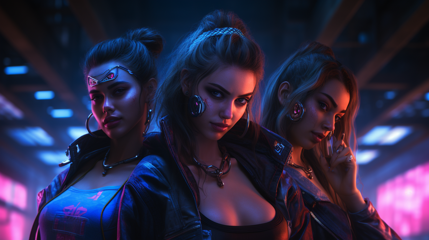 4. ALT Text for Image -  Group of girls in a neon cyberpunk setting