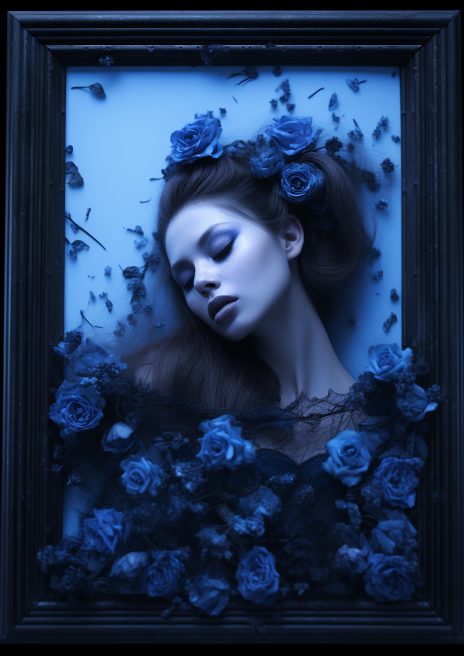 Beautiful blue luminescent frame with flowers and steam