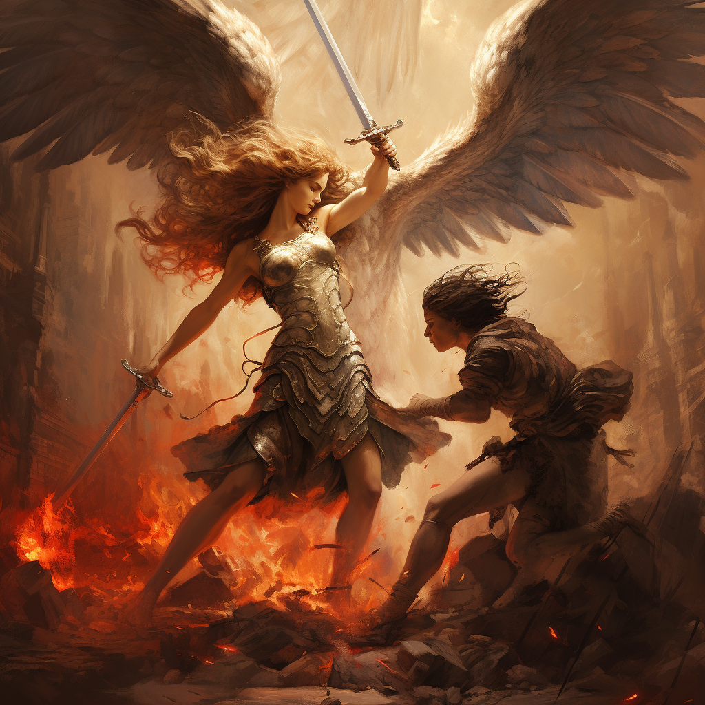 Angel fighting demon in biblical scene