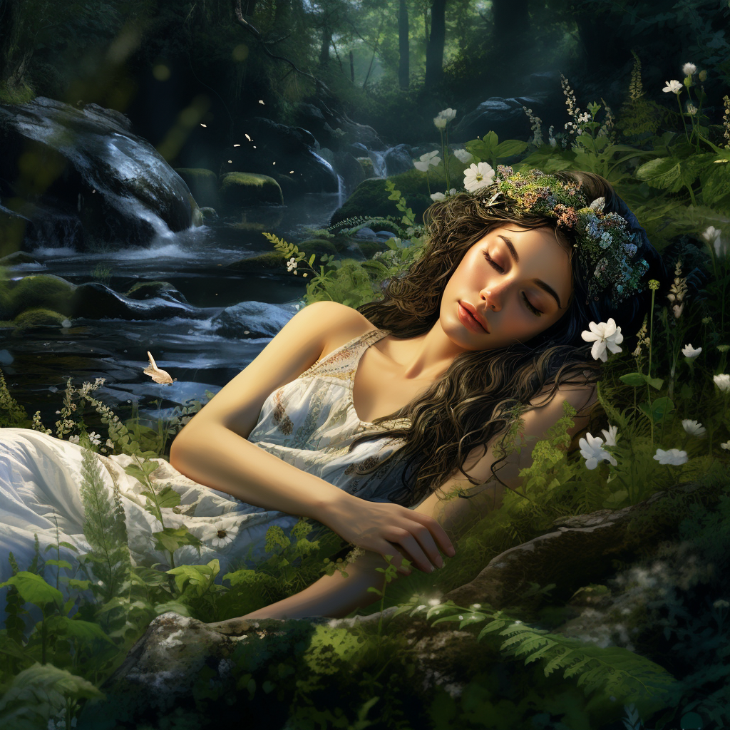 Peaceful scene of sleeping maiden in the glade