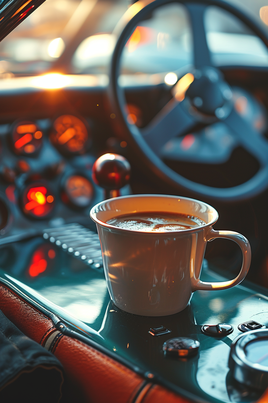 Blank white coffee mug in racecar