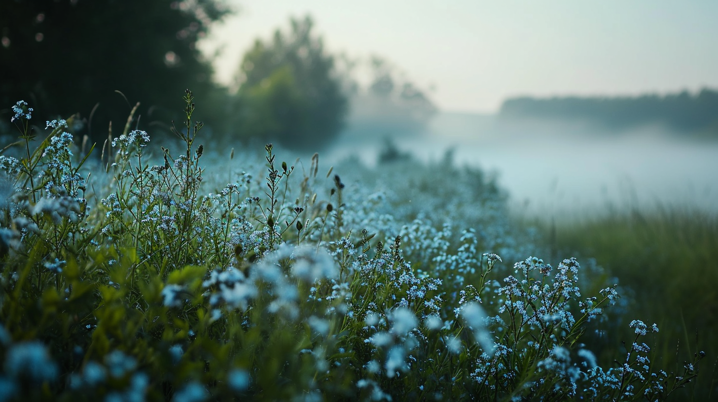 4. Lovely blue flowers in a foggy field