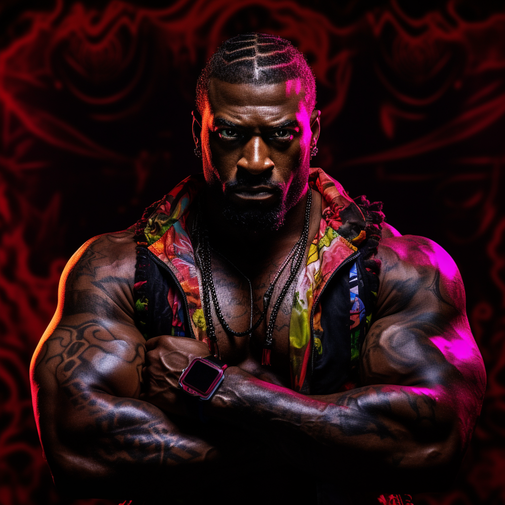 Muscular black man with tattoos in dynamic pose